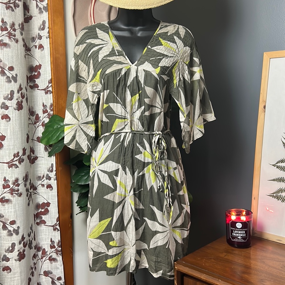 Calvin Klein Olive Green Printed V-Neck Belted Dress
